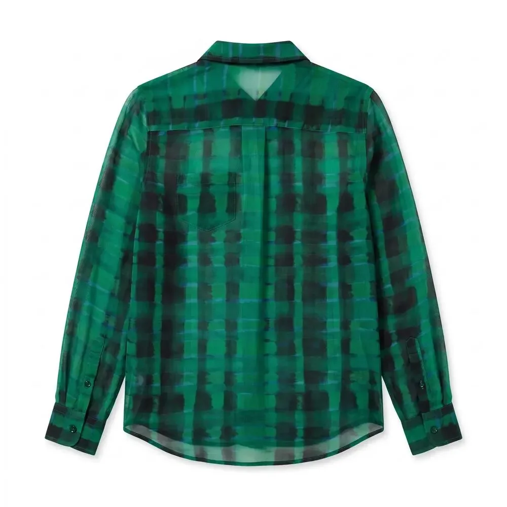 100% Silk Equipment Femme Sheer Green Blue Black Plaid  Blouse | Size S - Picture 2 of 9